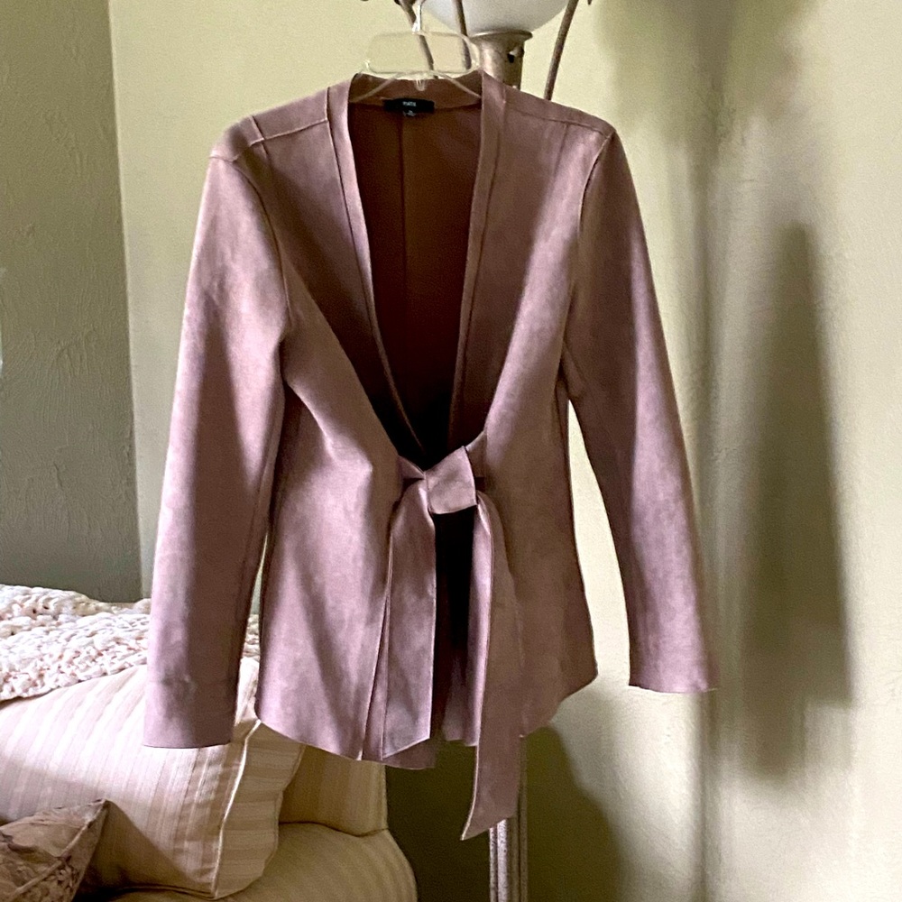 Fate faux suede blazer with self-tie belt front closure. Light tan color-size M